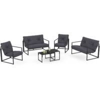 Idmarket – Salon de jardin bas NAIROBI 6 places – Structure en acier gris anthracite – Coussins déperlants 180gr/m² – Tables gigognes en verre trempé