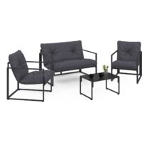 Idmarket – Salon de jardin bas NAIROBI 4 places – Structure en acier gris anthracite – Coussins déperlants en polyester 180gr/m² – Table en verre trempé