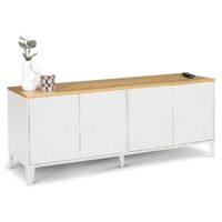 Idmarket – Buffet bas 140 cm 4 portes métal blanc – Plateau bois façon hêtre – Style industriel – Dimensions L. 140 x l. 40 x H. 52 cm