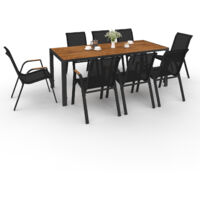 Idmarket – Ensemble table et chaises de jardin 8 places – Table 190 cm en verre trempé effet bois – Chaises empilables en textilène noir et bois