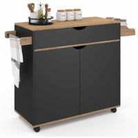 Idmarket – Desserte de cuisine XXL noire et bois – Placard avec tiroir – Dimensions L.90 x P.40 x H.85 cm – 4 roulettes directionnelles