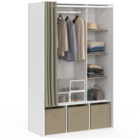 Idmarket – Dressing penderie DIANE 105 x 45 x 167 cm blanc – 4 étagères ajustables – 3 boîtes de rangement – rideau taupe