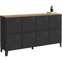 Idmarket – Buffet casier 139 cm 8 portes métal noir – Plateau bois façon hêtre – Style industriel – Rangement optimal pour salon et salle à manger