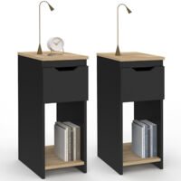 Lot de 2 tables de chevet étroites ANOUK 1 tiroir avec niche noir et bois