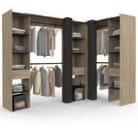 Idmarket – Dressing extensible d'angle 230 x 140 x 180 cm – Bois hêtre et noir – 4 penderies, 12 étagères, 3 tiroirs – Rideaux noirs inclus