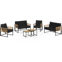 Idmarket – Salon de jardin bas 6 places – Structure métal noir – Coussins polyester noir – Cordage effet rotin clair – 2 fauteuils et 2 sofas