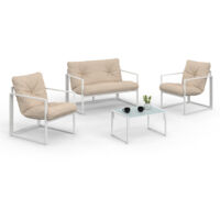 Idmarket – Salon de jardin bas NAIROBI 4 places – Structure en acier blanc – Coussins en polyester déperlant beige – Table basse en verre trempé