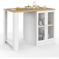 Idmarket – Îlot central LINO 120 cm – 2 personnes – Bois blanc et imitation hêtre – 2 placards avec portes vitrées – Plan de travail épais 3 cm