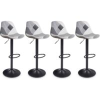 Idmarket – Lot de 4 tabourets de bar patchwork noir, gris et blanc – Hauteur réglable 57 à 79 cm – Socle rond 38,5 cm – Assise rembourrée confortable