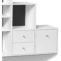 Meuble de rangement en escalier LIAM 4 niveaux bois blanc + porte/tiroirs blancs fond gris
