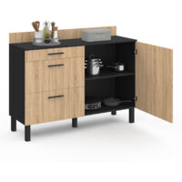 Buffet Bas Casserolier De Cuisine 120 Cm CINA Plan De Travail H 83 Cm 1 Porte 3 Tiroirs Noir Et Facon Hetre
