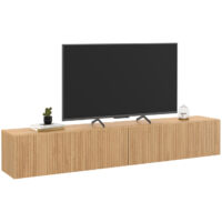 Idmarket – Meuble TV suspendu 180 cm JULIETTE – 2 portes lattes en bois – Coloris chêne – Avec trou passe-câbles – Attaches murales incluses