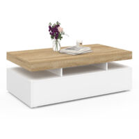 Idmarket – Table basse rectangulaire 100 cm – 2 tiroirs en panneaux de particules – Plateau bois blanc et hêtre – Style moderne et scandinave