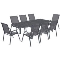 Idmarket – Ensemble table extensible 90-180 cm et 8 chaises en acier et composite aspect bois gris anthracite – Confort optimal et design moderne
