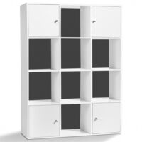 Meuble de rangement cube RUDY 12 cases bois blanc avec portes fond gris