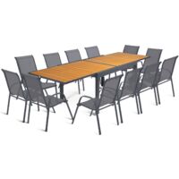 Idmarket – Ensemble table extensible 135-270 cm – 12 chaises empilables en métal et textilène gris anthracite – Structure acier et composite bois