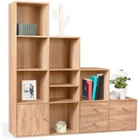 Idmarket – Meuble de rangement en escalier 4 niveaux – Dimensions L.117 x H.117 x P.30 cm – Bois façon hêtre avec porte et tiroirs