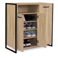 Idmarket – Armoire à chaussures 18 paires – 3 portes – Niche design industriel – Dimensions L73,2 x l35 x H75 cm – Bi-matière métal et bois
