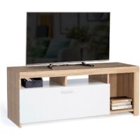Idmarket – Meuble TV 110 cm – Bois et placard blanc – Rangement fermé avec poignée – 3 niches ouvertes pour déco et appareils