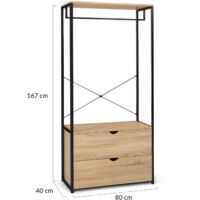 Idmarket – Dressing penderie 2 tiroirs L. 80 cm – Structure métal noir – Tiroirs en particules de bois – Hauteur 167 cm pour rangement optimisé