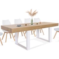 Idmarket – Table de salle à manger rectangle 200 cm – 8 personnes – Bois effet naturel et pieds blancs – Style industriel chic