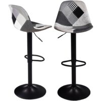 Idmarket – Lot de 2 tabourets de bar réglables 57-79 cm – Assise en polyester patchwork noir, gris et blanc – Pied en métal noir – Socle rond 39 cm
