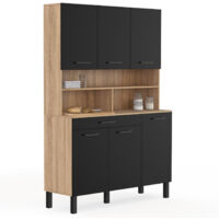 Idmarket – Buffet de cuisine 120 cm – 6 portes et tiroir – Structure en panneaux mélaminés façon hêtre et noir – Hauteur 177 cm