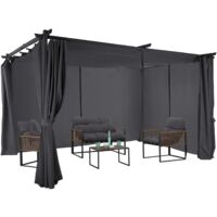 Idmarket – Pergola gris anthracite toit rétractable 3x4 m – 4 rideaux occultants – Structure en métal – Fixation au sol 50x50 mm
