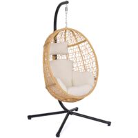 Idmarket – Fauteuil suspendu en polyrotin ajouré avec coussin écru – Pied en acier noir – Charge maximale 150 kg – Dimensions 100x100x196 cm