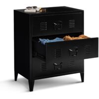 Commode 3 Tiroirs Ester 60 Cm | Style Industriel Métal Noir Et Plateau Hêtre | Rangement Chambre, Dressing