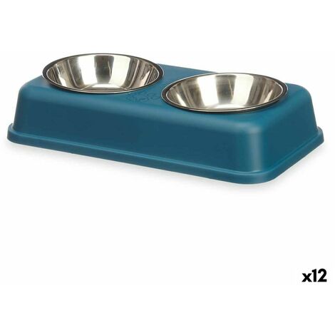 Ciotola Doppia per Cani e Gatti, 2 Ciotole in Acciaio Inox da 500 ml, Base  in Silicone Antiscivolo, Colore Blu