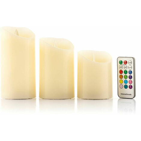 Set 3 candele led RGB cera bianca Ø7,5cm, telecomando effetto fiamma