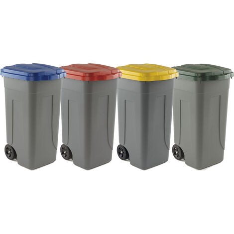 Set 4 bidoni porta rifiuti - capacità 100 litri - bicolor con fondo grigio e coperchi colorati per raccolta differenziata (Giallo, Blu, Verde e Rosso)