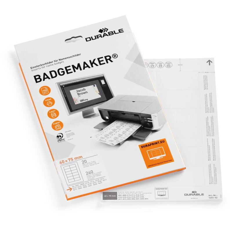 Durable Badgemaker Inserts 40x75mm 150gsm White, Pack 240