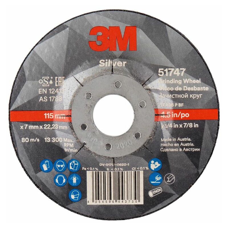 3M Silver Depressed Centre Grinding Wheel, T27, 115 mm x mm x 22.2 mm