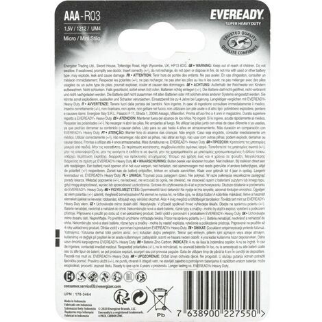 Eveready Heavy Duty AAA Zinc Battery, Pack of 4