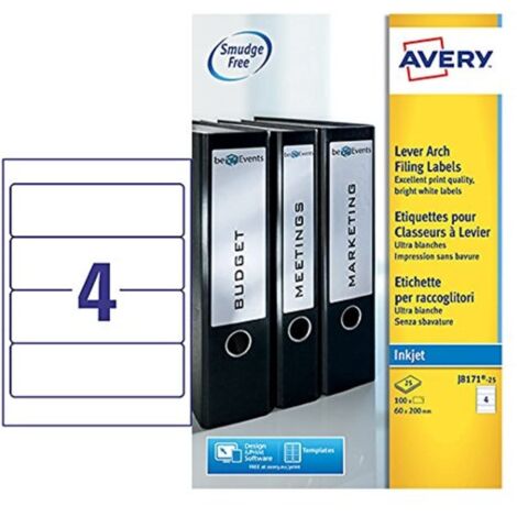 Avery Inkjet Filing Label Lever Arch File 200x60mm 4 Per A4 Sheet White ...