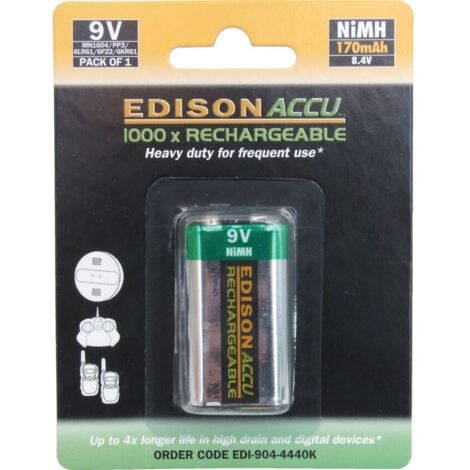 Edison 9V NiMH Rechargeable 170 mAh Battery