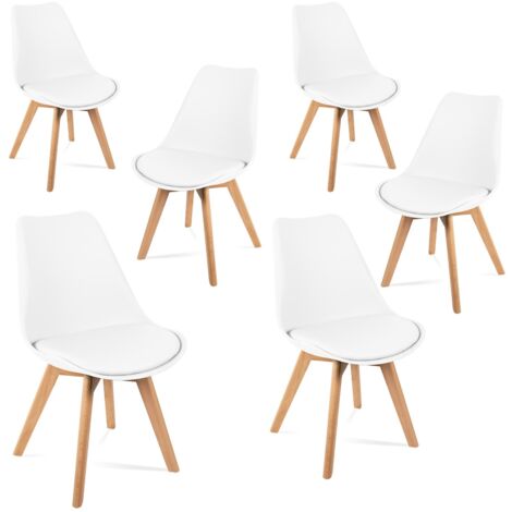 Chaises de salle a manger blanches, design nordique, chaises tulip pour salon, bureau, la salle de sejour ou terrasse, dossier ergonomique, siege rembourre et pieds en bois, style scandinave, blanc, l