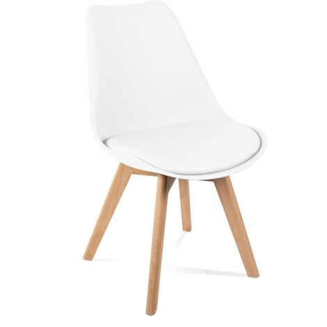 Chaises de salle a manger blanches, design nordique, chaises tulip pour salon, bureau, la salle de sejour ou terrasse, dossier ergonomique, siege rembourre et pieds en bois, style scandinave, blanc, l