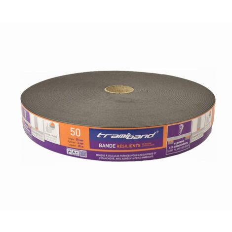 Tramico – Bande résiliente pour plancher bois – Mousse de polyoléfine adhésive – Isolation acoustique 65 dB – Dimensions 70 x 3 mm – L 30 m
