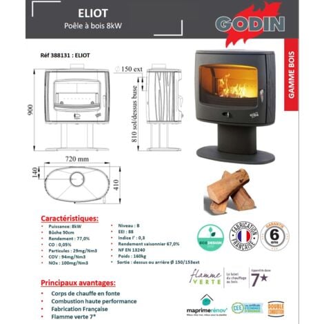 Poêle bois bûche GODIN Eliot 8Kw - Anthracite - 388131