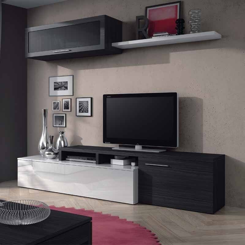 Mueble de TV modular en color gris ceniza y blanco brillo 200 cm