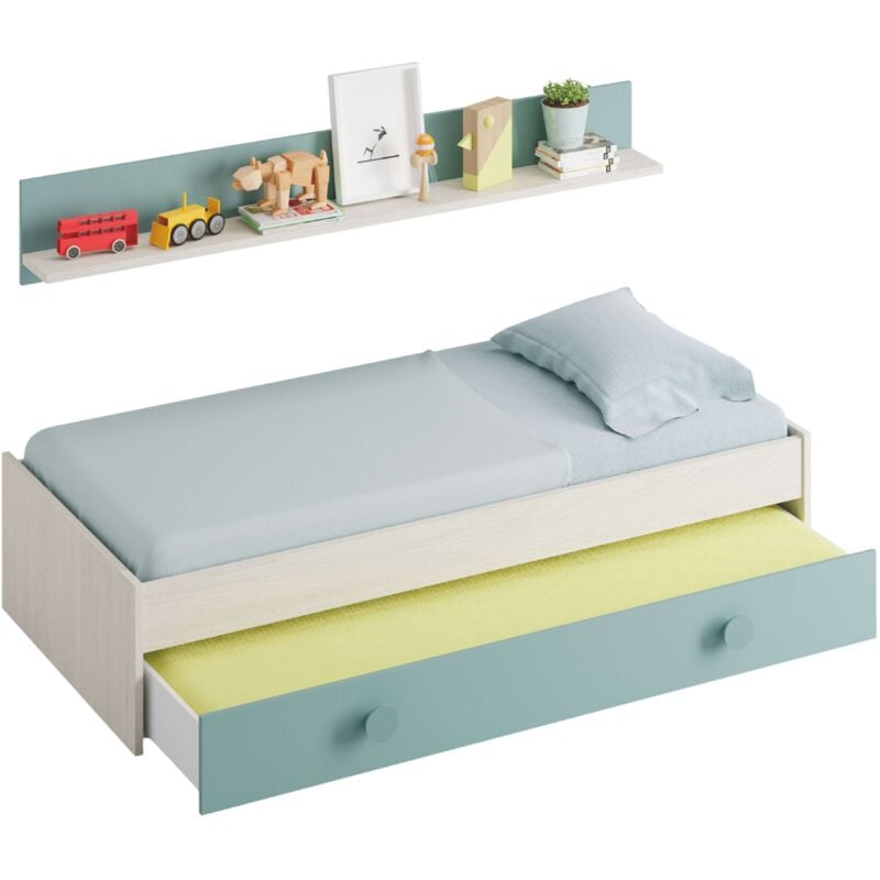 Cama nido infantil o juvenil color verde y blanco con estante medida 90x190 cm NO INCLUYE SOMIERES