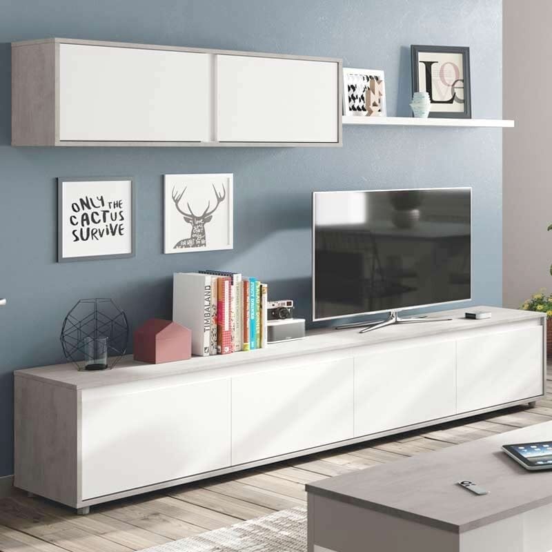 Mueble salón modular Plutón color blanco y cemento comedor estilo Industrial 200x41 cm