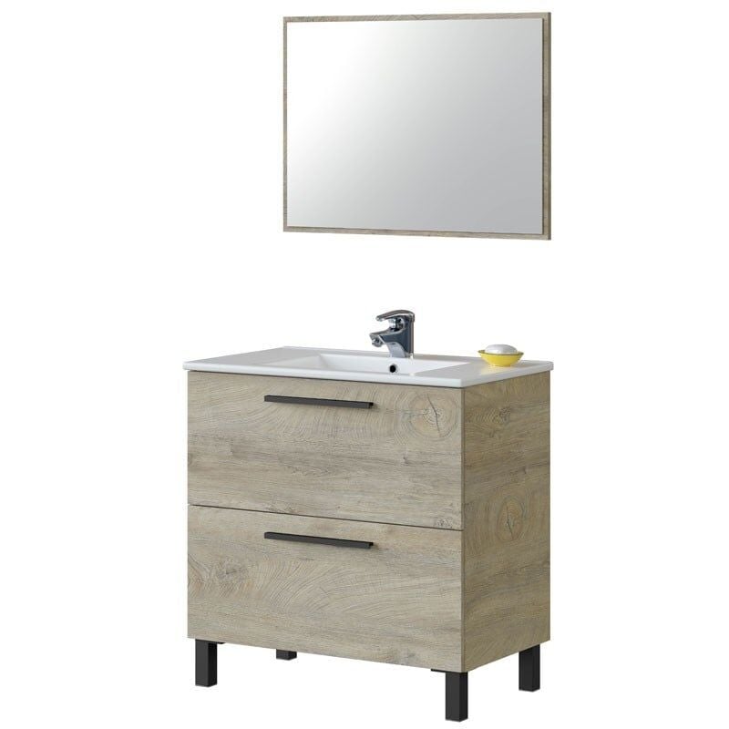 Mueble baño Athena 2 cajones y espejo color roble alaska moderno industrial 80x45 cm SIN LAVAMANOS