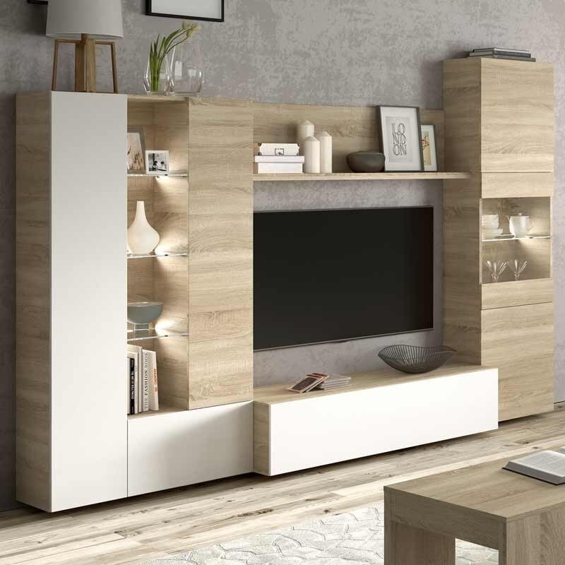 Mueble modular salón comedor luz led estilo moderno color blanco y roble 260x185x42 Cm