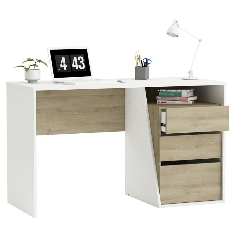 Mesa Escritorio Jefferson 3 cajones color roble y blanco ordenador oficina estudio mueble 77x127x55