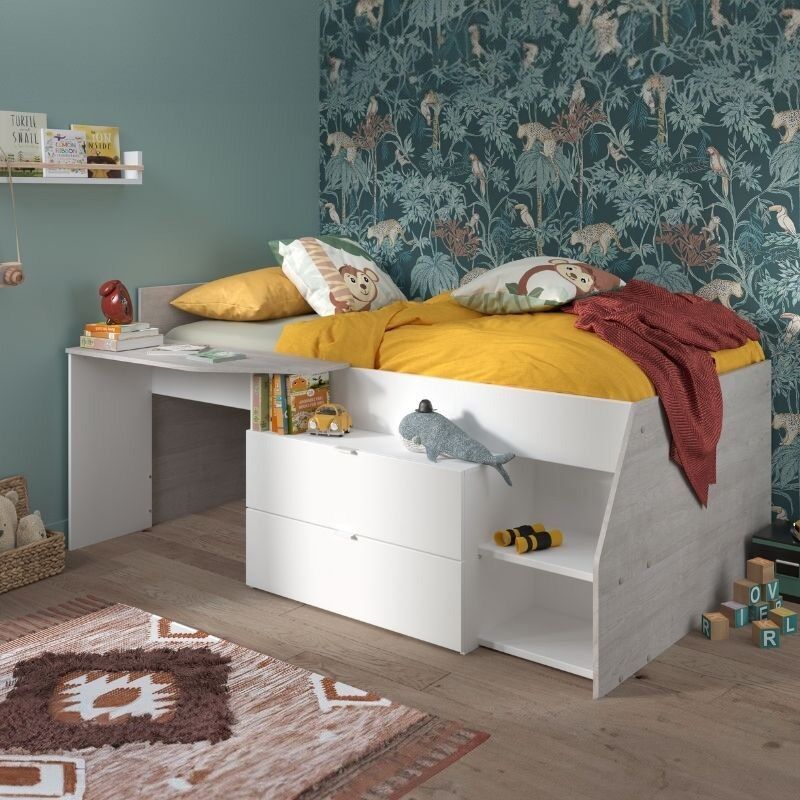 Cama infantil Cevedale, Dormitorio completo con armario y cajones,  Composición de litera con dos camas individuales, 271x111h150 cm, Blanco y  Rosa