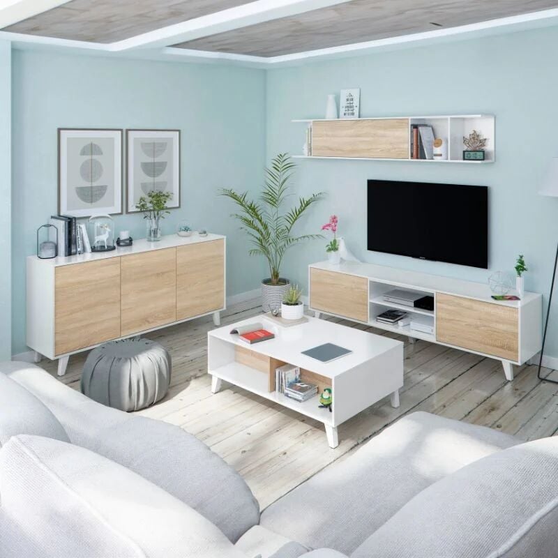 Pack Muebles para salón Completo Color Blanco y Roble (Mueble de salón +  aparador + Mesa de Centro elevable)